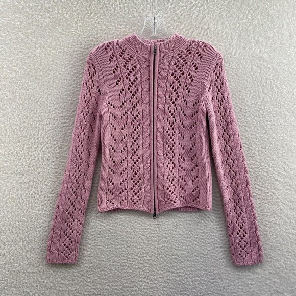 Y2K 2000s Arizona Jeans Pink Crochet Knit Double Zip Sweater Womens M Medium - Picture 2 of 7